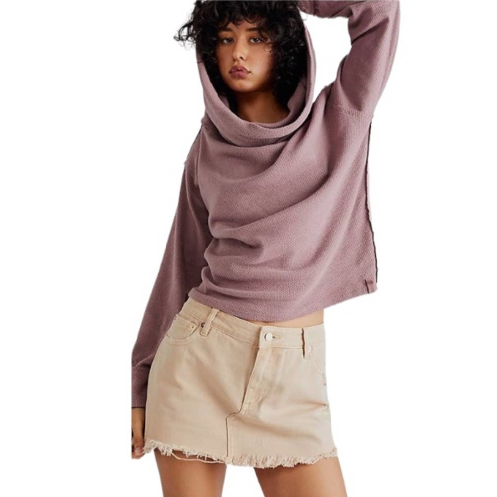 Free People Hazy Heart Thermal Off The Shoulder Sweater Mauve Large Long Sleeves